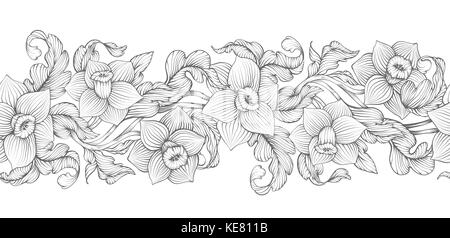 Les jonquilles narcisse contours denses esquisse transparente floral frontière. fleurs de printemps feuillage noir et blanc vector illustration Illustration de Vecteur