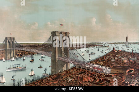 Grand birds eye view de la Grande rivière de l'Est pont suspendu reliant les villes de New York et de Brooklyn : montrant également le splendide panorama de la baie et le port de New York. Banque D'Images