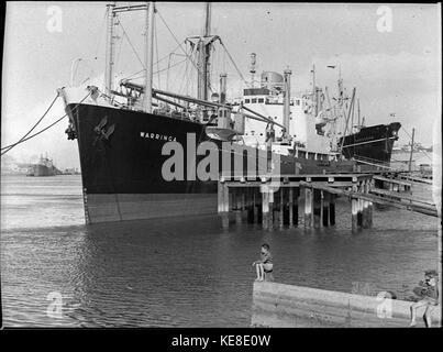 Cette photographie montre le navire Warringa amarré dans le port de Newcastle. L'image illustre l'importance historique du commerce et de l'industrie maritimes au début du XXe siècle, soulignant le rôle du navire dans l'histoire maritime australienne. Banque D'Images