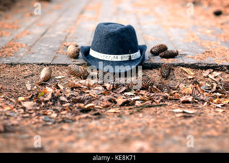 Vintage Classic gris foncé et bleu lady's hat sur un sol en bois et de cocottes au coucher du soleil. concept de déplacement, la couture, l'espace pour le texte Banque D'Images