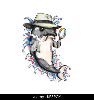 Illustration de style tatouage d'une baleine tueuse Orca avec chapeau fedora, cigarette et tenant une loupe pour ressembler à un détective des années 1950 et avec wa Banque D'Images