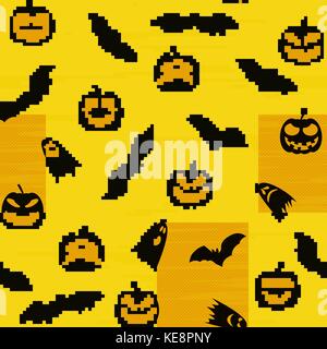 Halloween fête orange motif transparent fond sans fin. avec des citrouilles, des crânes, des chauves-souris, des araignées, des fantômes, des os, des bonbons, Spider web et bulle avec boo Illustration de Vecteur