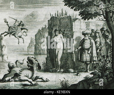 Illustration de 1688 par Olfert Dapper montrant le mythe grec de Persée sauvant Andromède du monstre marin Ketos, situé en Ethiopie, avec les parents d’Andromède observant. Banque D'Images