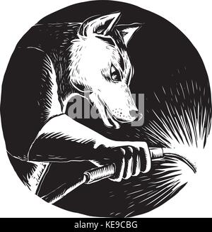 Illustration d'un style scratchboard dingo chien loup soudure soudeur vu de côté situé à l'intérieur du cercle fait sur scraperboard sur fond isolé. Illustration de Vecteur