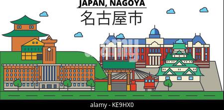 Le Japon, Nagoya. ville architecture, bâtiments, rues, silhouette, paysage, panorama, monuments. coups modifiable. télévision design line concept illustration vectorielle. isolated icons set Illustration de Vecteur