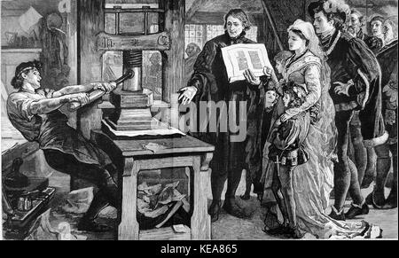 La célébration Caxton Caxton William montrant des spécimens de son impression sur le roi Édouard IV et de la Reine Banque D'Images