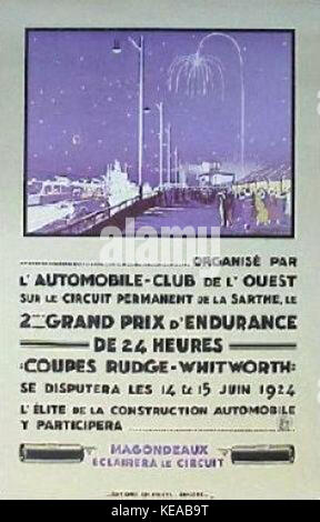 Une affiche vintage pour les 24 heures du Mans 1924, mettant en valeur l'image de marque emblématique de l'événement et les débuts de l'histoire des courses automobiles. Banque D'Images