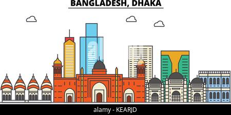 Bangladesh, Dacca. ville horizon architecture, bâtiments, rues, silhouette, paysage, panorama, monuments. coups modifiable. télévision design line concept illustration vectorielle. isolated icons set Illustration de Vecteur