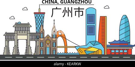 La Chine, Guangzhou. ville horizon architecture, bâtiments, rues, silhouette, paysage, panorama, monuments. coups modifiable. télévision design line concept illustration vectorielle. isolated icons set Illustration de Vecteur