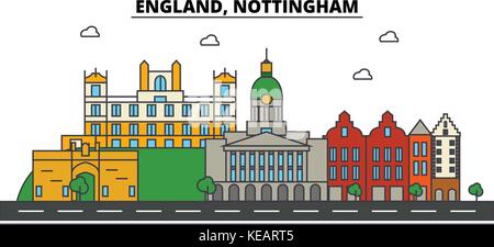 L'Angleterre, Nottingham. ville horizon architecture, bâtiments, rues, silhouette, paysage, panorama, monuments. coups modifiable. télévision design line concept illustration vectorielle. isolated icons set Illustration de Vecteur