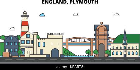 L'Angleterre, plymouth. ville architecture, bâtiments, rues, silhouette, paysage, panorama, monuments. coups modifiable. télévision design line concept illustration vectorielle. isolated icons set Illustration de Vecteur