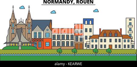 France, Rouen, normandie. ville horizon architecture, bâtiments, rues, silhouette, paysage, panorama, monuments. coups modifiable. télévision design line concept illustration vectorielle. isolated icons set Illustration de Vecteur