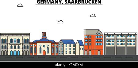 Allemagne, Saarbrucken. ville horizon architecture, bâtiments, rues, silhouette, paysage, panorama, monuments. coups modifiable. télévision design line concept illustration vectorielle. isolated icons set Illustration de Vecteur