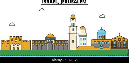 Israël, Jérusalem. ville horizon architecture, bâtiments, rues, silhouette, paysage, panorama, monuments. coups modifiable. télévision design line concept illustration vectorielle. isolated icons set Illustration de Vecteur