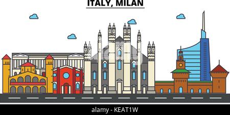 Italie, Milan. ville horizon architecture, bâtiments, rues, silhouette, paysage, panorama, monuments. coups modifiable. télévision design line concept illustration vectorielle. isolated icons set Illustration de Vecteur