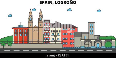 L'Espagne, Logrono. ville horizon architecture, bâtiments, rues, silhouette, paysage, panorama, monuments. coups modifiable. télévision design line concept illustration vecteur icônes isolé. Illustration de Vecteur