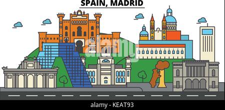 L'Espagne, Madrid. ville horizon architecture, bâtiments, rues, silhouette, paysage, panorama, monuments. coups modifiable. télévision design line concept illustration vectorielle. isolated icons set Illustration de Vecteur