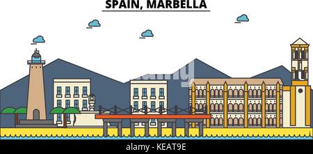 Marbella espagne. ville horizon architecture, bâtiments, rues, silhouette, paysage, panorama, monuments. coups modifiable. télévision design line concept illustration vectorielle. isolated icons set Illustration de Vecteur