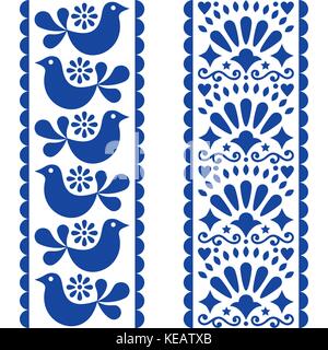 Art populaire - motif transparente longue de style mexicain avec des bandes d'oiseaux et de fleurs en bleu marine Illustration de Vecteur