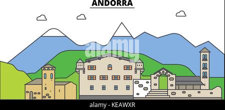 Andorre. sur les toits de la ville, l'architecture, bâtiments, rues, silhouette, paysage, panorama, monuments. coups modifiable. télévision design line concept illustration vectorielle. isolated icons set Illustration de Vecteur