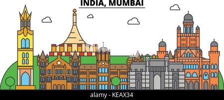 L'Inde, Mumbai, l'hindouisme. sur les toits de la ville, l'architecture, bâtiments, rues, silhouette, paysage, panorama, monuments. coups modifiable. télévision design line concept illustration vectorielle. isolated icons set Illustration de Vecteur