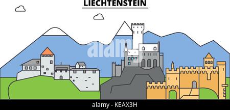 Liechtenstein. sur les toits de la ville, l'architecture, bâtiments, rues, silhouette, paysage, panorama, monuments. coups modifiable. télévision design line concept illustration vectorielle. isolated icons set Illustration de Vecteur