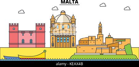 Malte, mer méditerranée. sur les toits de la ville, l'architecture, bâtiments, rues, silhouette, paysage, panorama, monuments. coups modifiable. télévision design line concept illustration vectorielle. isolated icons set Illustration de Vecteur