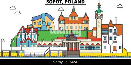 La Pologne, Sopot. sur les toits de la ville, l'architecture, bâtiments, rues, silhouette, paysage, panorama, monuments. coups modifiable. télévision design line concept illustration vectorielle. isolated icons set Illustration de Vecteur