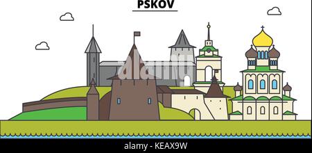 La Russie, Pskov. sur les toits de la ville, l'architecture, bâtiments, rues, silhouette, paysage, panorama, monuments. coups modifiable. télévision design line concept illustration vectorielle. isolated icons set Illustration de Vecteur