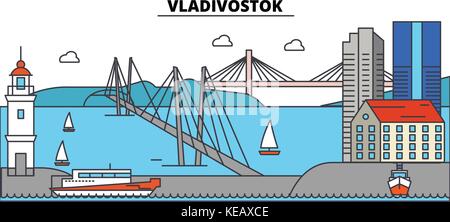 La Russie, Vladivostok. sur les toits de la ville, l'architecture, bâtiments, rues, silhouette, paysage, panorama, monuments. coups modifiable. télévision design line concept illustration vectorielle. isolated icons set Illustration de Vecteur