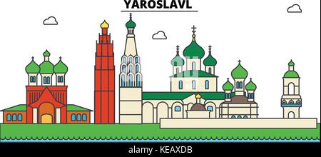 La Russie, Iaroslavl. sur les toits de la ville, l'architecture, bâtiments, rues, silhouette, paysage, panorama, monuments. coups modifiable. télévision design line concept illustration vectorielle. isolated icons set Illustration de Vecteur