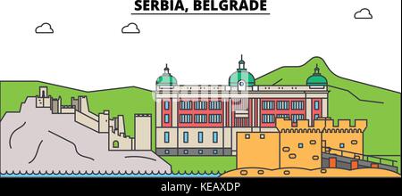 Serbie, Belgrade. sur les toits de la ville, l'architecture, bâtiments, rues, silhouette, paysage, panorama, monuments. coups modifiable. télévision design line concept illustration vectorielle. isolated icons set Illustration de Vecteur