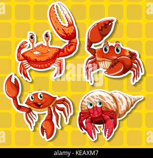 Autocollants de quatre différents crabes sur fond jaune Illustration de Vecteur