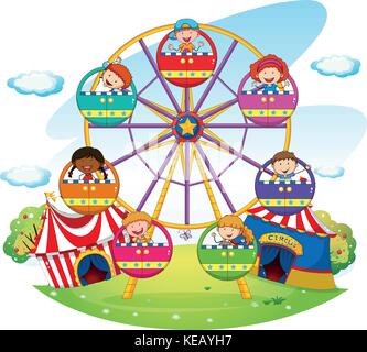 Les enfants équitation sur la grande roue dans le parc Illustration de Vecteur