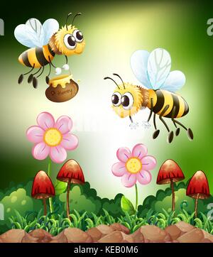 Deux abeilles la récolte du miel de fleurs Illustration de Vecteur