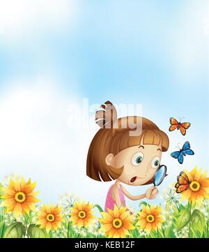 Girl papillons survolant les fleurs Illustration de Vecteur