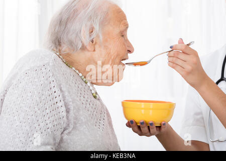 Close-up de l'alimentation à la main du médecin à soupe patient in hospital Banque D'Images