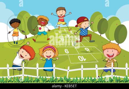 Enfants jouant à la marelle dans le parc Illustration de Vecteur