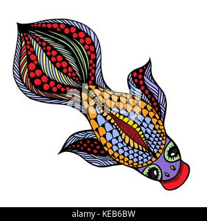 Vecteur zentangle gold fish pour tatouage dans le style Boho hipster, ornement à motifs tribaux. illustration pour des profils anti stress pages à colorier ou dessiner à la main. Illustration de Vecteur