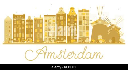 Amsterdam City skyline silhouette d'or. Vector illustration. Concept de voyages d'affaires. La Ville d'Amsterdam avec des points de repère. Illustration de Vecteur