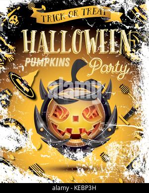 Halloween citrouille avec le feu flammes sur l'armure. vector illustration. Halloween party flyer. Illustration de Vecteur