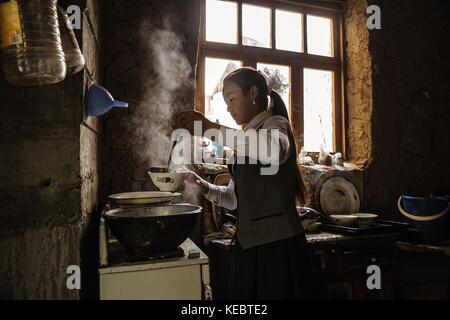 Beshkent, Kirghizistan. 12 octobre 2016. Village de Lyaily près de Beshkent, au Kirghizistan, où presque les 300 familles utilisent l'eau de l'aryk, un canal d'irrigation. L'eau qu'ils boivent est vulnérable à la contamination par les bactéries qui causent l'hépatite et d'autres maladies d'origine hydrique. Les habitants espèrent et planifient un projet d'infrastructure pour apporter de l'eau potable à leurs maisons. Dans les villages du Kirghizistan (Asie centrale), les systèmes et infrastructures obsolètes d'approvisionnement en eau sont à l'origine de problèmes de santé tels que les épidémies d'hépatite et de maladies gastro-intestinales, en particulier chez les enfants. ( Banque D'Images