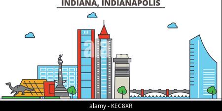 L'indiana, Indianapolis.ville horizon architecture, bâtiments, rues, silhouette, paysage, panorama, des repères, des icônes. editable coups. télévision design line concept d'illustration vectorielle. Illustration de Vecteur