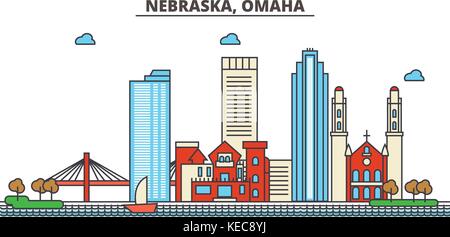 Nebraska, Omaha.ville horizon architecture, bâtiments, rues, silhouette, paysage, panorama, des repères, des icônes. editable coups. télévision design line concept d'illustration vectorielle. Illustration de Vecteur