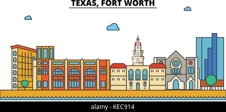 Fort Worth, Texas.ville horizon architecture, bâtiments, rues, silhouette, paysage, panorama, des repères, des icônes. editable coups. télévision design line concept d'illustration vectorielle. Illustration de Vecteur