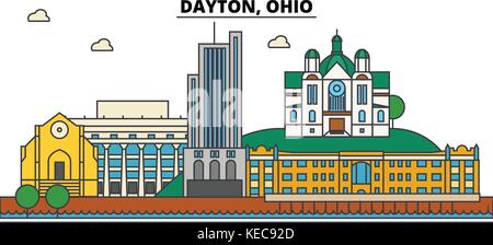 Dayton, Ohio. ville horizon architecture, bâtiments, rues, silhouette, paysage, panorama, monuments. coups modifiable. télévision design line concept illustration vecteur icônes isolé. Illustration de Vecteur