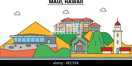 Maui, Hawaii. sur les toits de la ville, l'architecture, bâtiments, rues, silhouette, paysage, panorama, des repères, des icônes. editable coups. télévision design line concept illustration vectorielle Illustration de Vecteur