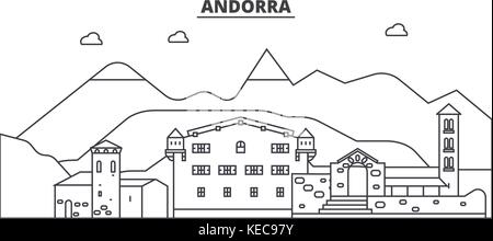 Andorre ligne architecture illustration vecteur linéaire. skyline Vue urbaine avec des sites célèbres de la ville, sites touristiques, icônes de design. avec paysage coups modifiable Illustration de Vecteur