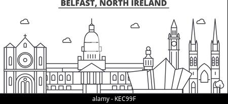 Belfast, Irlande du Nord ligne architecture skyline. illustration vecteur linéaire Vue urbaine avec des sites célèbres de la ville, sites touristiques, icones du paysage avec coups modifiable. Illustration de Vecteur