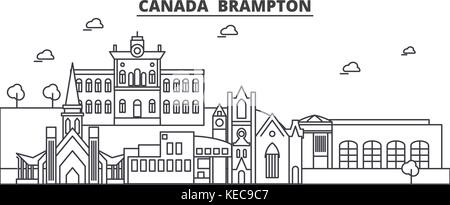 Architecture canada, brampton skyline ligne. illustration vecteur linéaire Vue urbaine avec des sites célèbres de la ville, sites touristiques, icones du paysage avec coups modifiable. Illustration de Vecteur